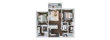 A 3D floor plan of a house with a kitchen, living room, and two bedrooms.