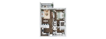 A top down view of a small apartment with a kitchen, living room, and bathroom.