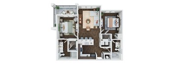 A 3D floor plan of a small apartment with a kitchen, living room, and two bedrooms.