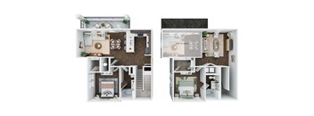 A cutaway diagram of a house showing the interior layout of a kitchen, living room, bedrooms, and bathrooms.