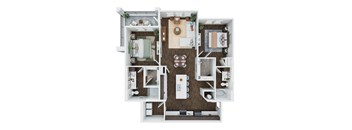 A top down view of a house layout with a kitchen, living room, dining room, and bathrooms.