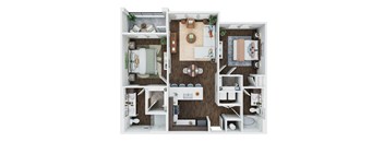 A top-down view of a small apartment layout with a kitchen, living room, and bathroom.