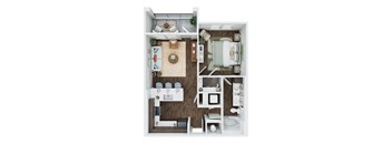 A top down view of a small apartment with a kitchen, living room, and bathroom.