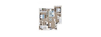 A top-down view of a house layout with a living room, dining room, kitchen, and bedrooms.