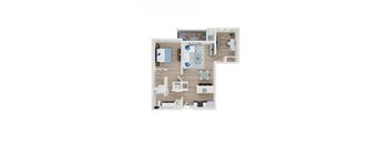 A floor plan of a house with a bedroom, bathroom, kitchen, and living room.