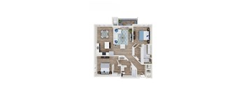 A floor plan of a house with a living room, dining room, kitchen, and two bedrooms.
