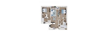 A floor plan of a house with a bedroom, living room, and kitchen.