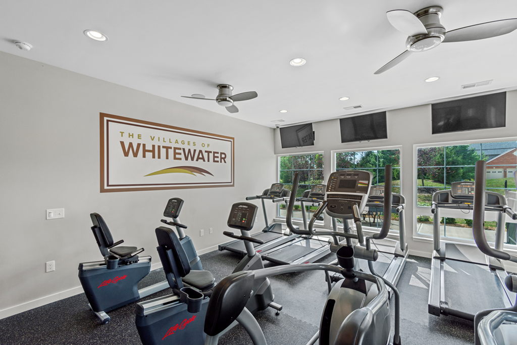 A gym with treadmills and exercise bikes is labeled