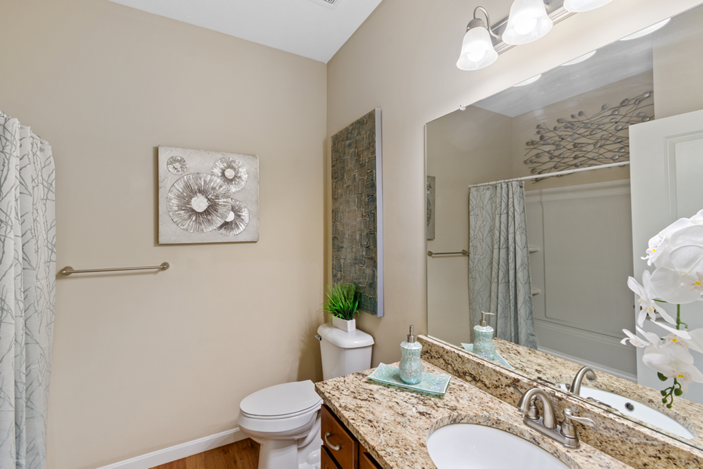 a bathroom with a large mirror and a sink and a toilet
