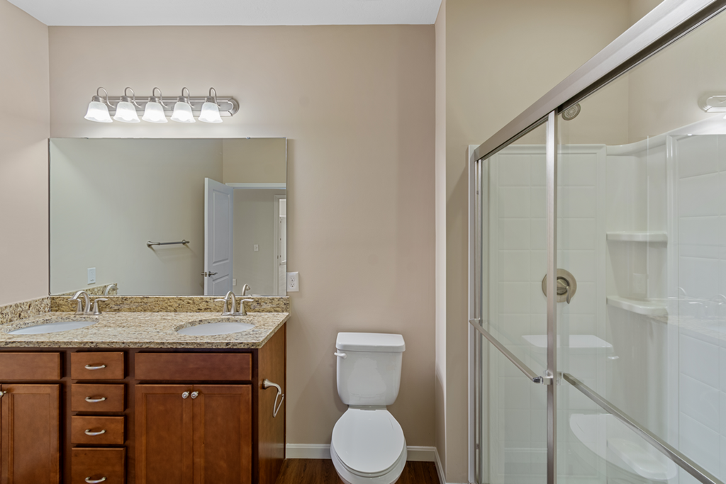 a bathroom with a shower toilet and sink and a mirror