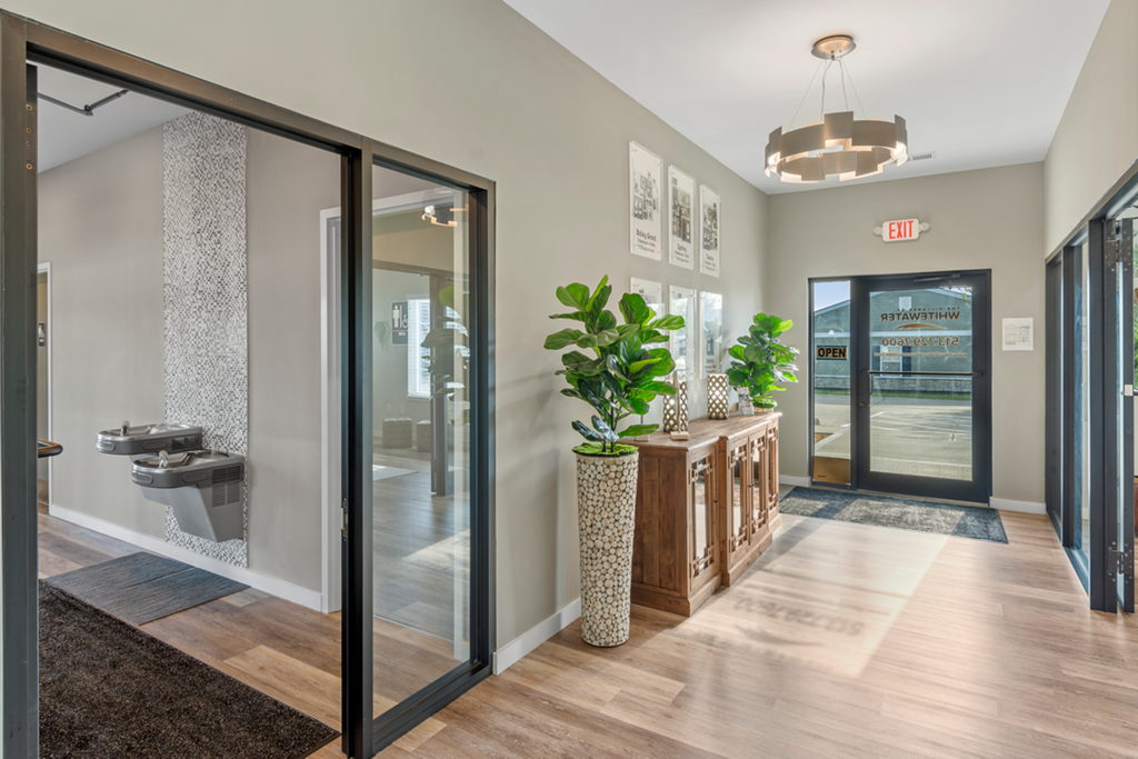 a corridor with glass doors and a lobby with a plant
