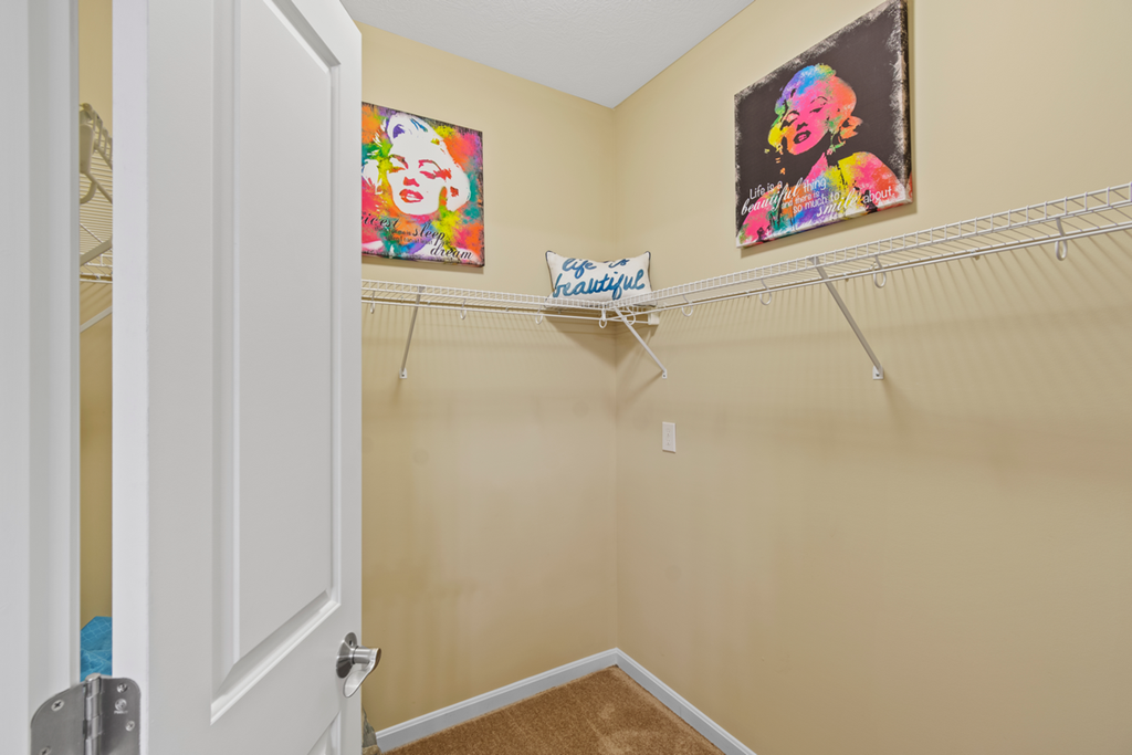 a spacious closet with hanging racks and paintings on the wall