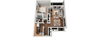 A 3D floor plan of a small apartment with a kitchen, living room, and bedroom.
