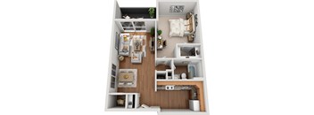 A 3D floor plan of a small apartment with a kitchen, living room, and bedroom.