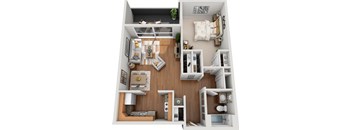A 3D floor plan of a small apartment with a kitchen, living room, and bedroom.
