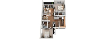 A 3D floor plan of a small apartment with a living room, kitchen, and bedroom.
