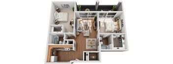 A 3D floor plan of a small apartment with a kitchen, living room, and bedroom.