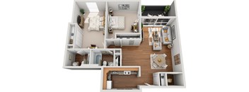 A 3D floor plan of a small apartment with a kitchen, living room, and bedroom.