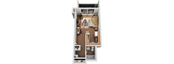 A top-down view of a small apartment with a kitchen, living room, and bathroom.