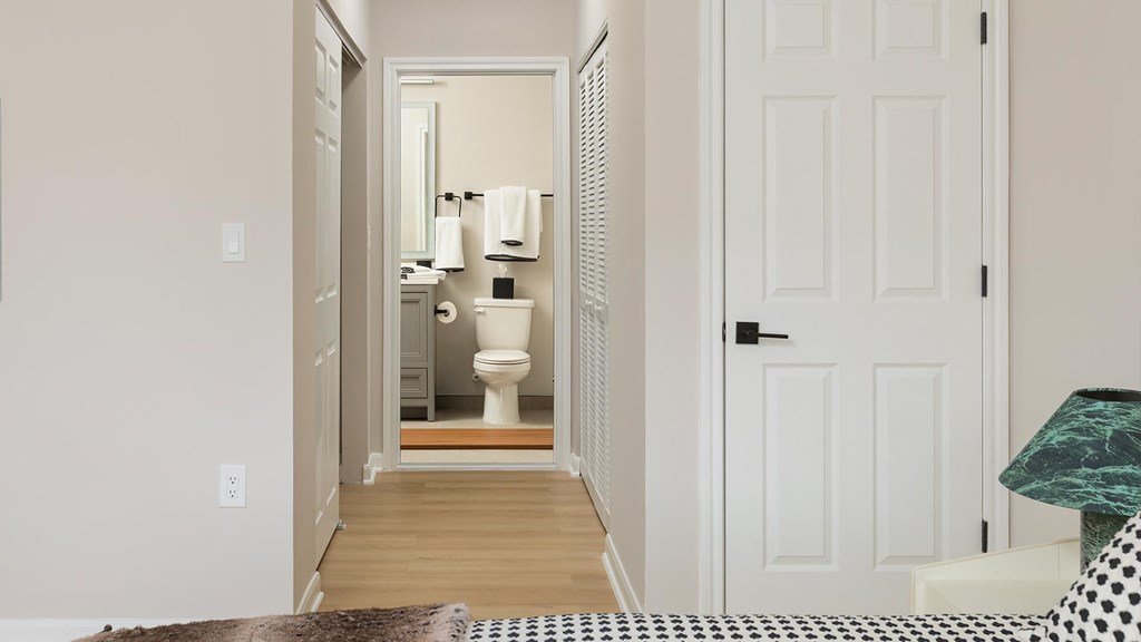 Luxury en-suite bathroom in a newly renovated Princeton, NJ apartment rental at The Mews at Princeton Junction. Modern 2025 design with sleek fixtures, vanity, and spa-inspired finishes.