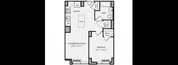 A floor plan of a small apartment with a living/dining room, kitchen, bath, bedroom, and walk-in closet.