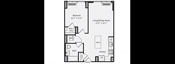 A floor plan of a small apartment with a bedroom, living/dining room, kitchen, bath, and entry.