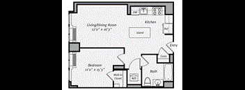 A floor plan of a small apartment with a living/dining room, kitchen, bedroom, bathroom, and walk-in closet.