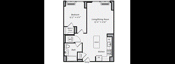 A floor plan of a small apartment with a bedroom, living/dining room, kitchen, bath, and entry.