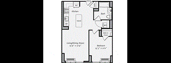 A floor plan of a small apartment with a living/dining room, kitchen, bath, and bedroom.