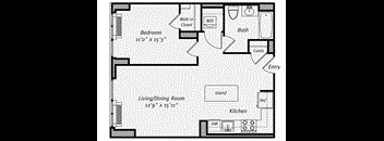 A floor plan of a small apartment with a bedroom, living/dining room, kitchen, and bathroom.