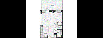 A floor plan of a small apartment with a living room, dining room, kitchen, bathroom, and bedroom.