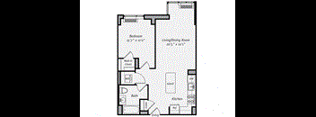 A floor plan of a home with a bedroom, living/dining room, kitchen, bath, and entry.