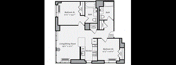 A floor plan of a house with two bedrooms, a living/dining room, a kitchen, and two bathrooms.