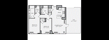 A floor plan of a house with two bedrooms, a living/dining room, a kitchen, a bath, a walk-in closet, and a laundry area.