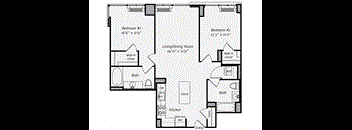 A floor plan of a two bedroom apartment with a living/dining room.
