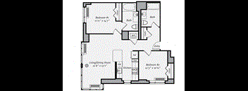 A floor plan of a small apartment with two bedrooms, a living room, a kitchen, and a bathroom.