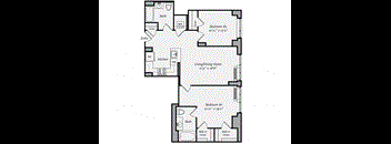 A floor plan of a house with a living room, two bedrooms, a kitchen, a bathroom, and a laundry area.