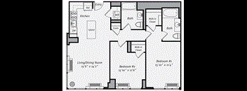 A floor plan of a house with a living room, two bedrooms, a kitchen, a bath, and an island.