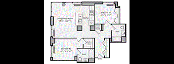 A black and white image of a house plan with two bedrooms, a living/dining room, a kitchen, a bathroom, and an entry.