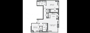 A floor plan of a small apartment with two bedrooms and a living/dining room.