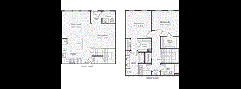 A floor plan of a two-story house with a living room, dining room, kitchen, two bedrooms, two bathrooms, and an entryway.
