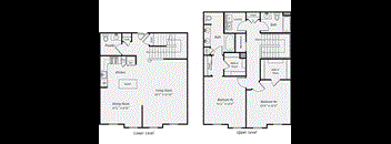 A floor plan of a two-level home with a living room, dining room, kitchen, and two bedrooms.