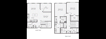 A floor plan of a two level home with a living room, dining room, kitchen, and two bedrooms.