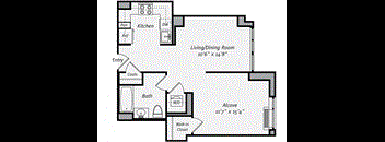 A floor plan of a house with a living/dining room, kitchen, bath, and closet.