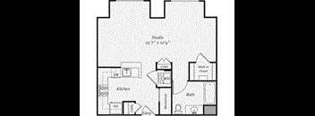A floor plan of a studio apartment with a kitchen, bathroom, and laundry area.