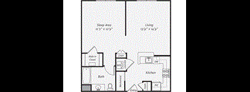 A floor plan of a small apartment with a sleeping area and a living area.