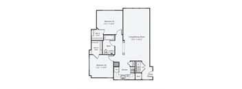 A floor plan of a home with two bedrooms, a living/dining room, a kitchen, and a bathroom.