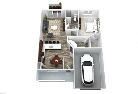 A white car is parked in a garage.