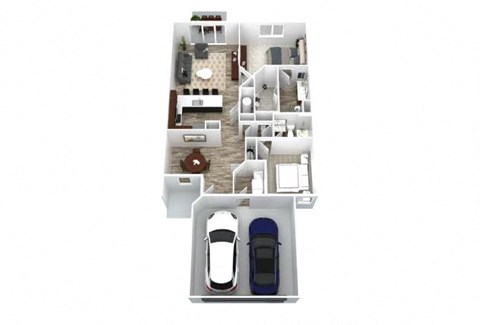 A blue car is parked in a garage attached to a house.