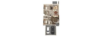 A floor plan of a two-bedroom apartment with a garage for one car.